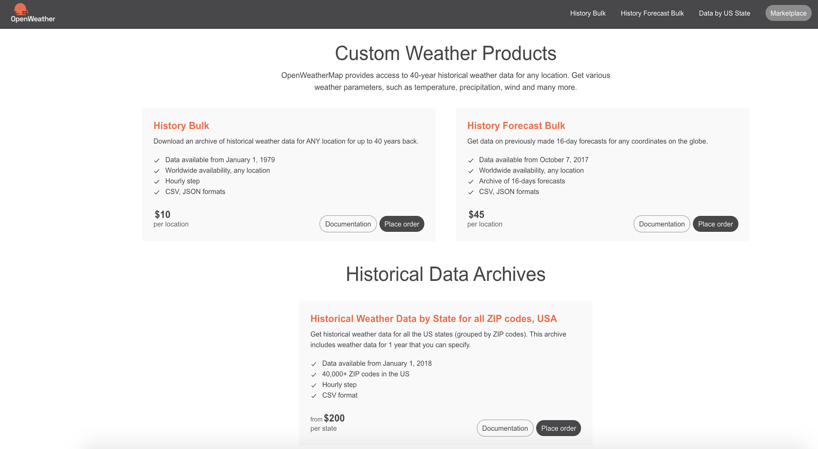 Marketplace: online shop of historical weather data